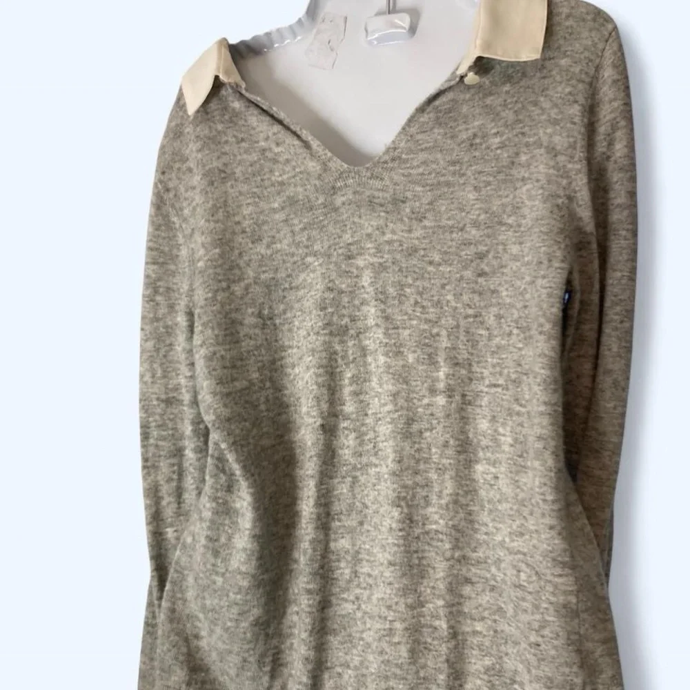 LOFT Gray Knit Sweater with Cream Embellished Collar
